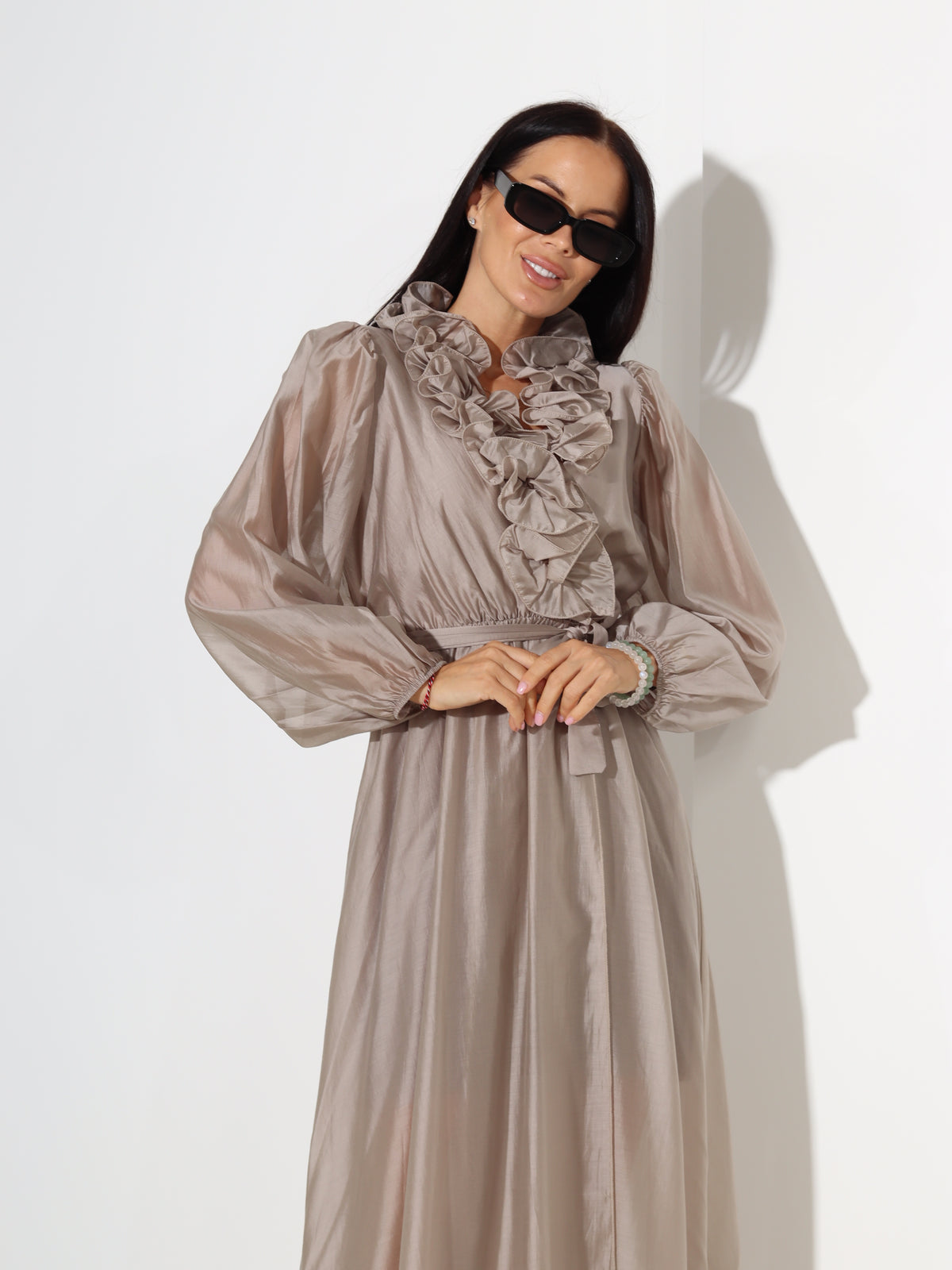 Taupe, midi, gaisīga kleita - 18409