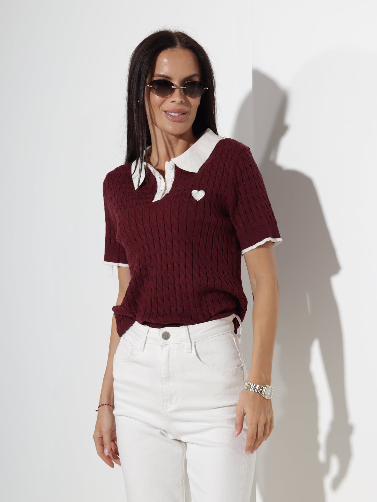 Bordo polo tops 'Sirds pīnītē', balta apkakle - 20446