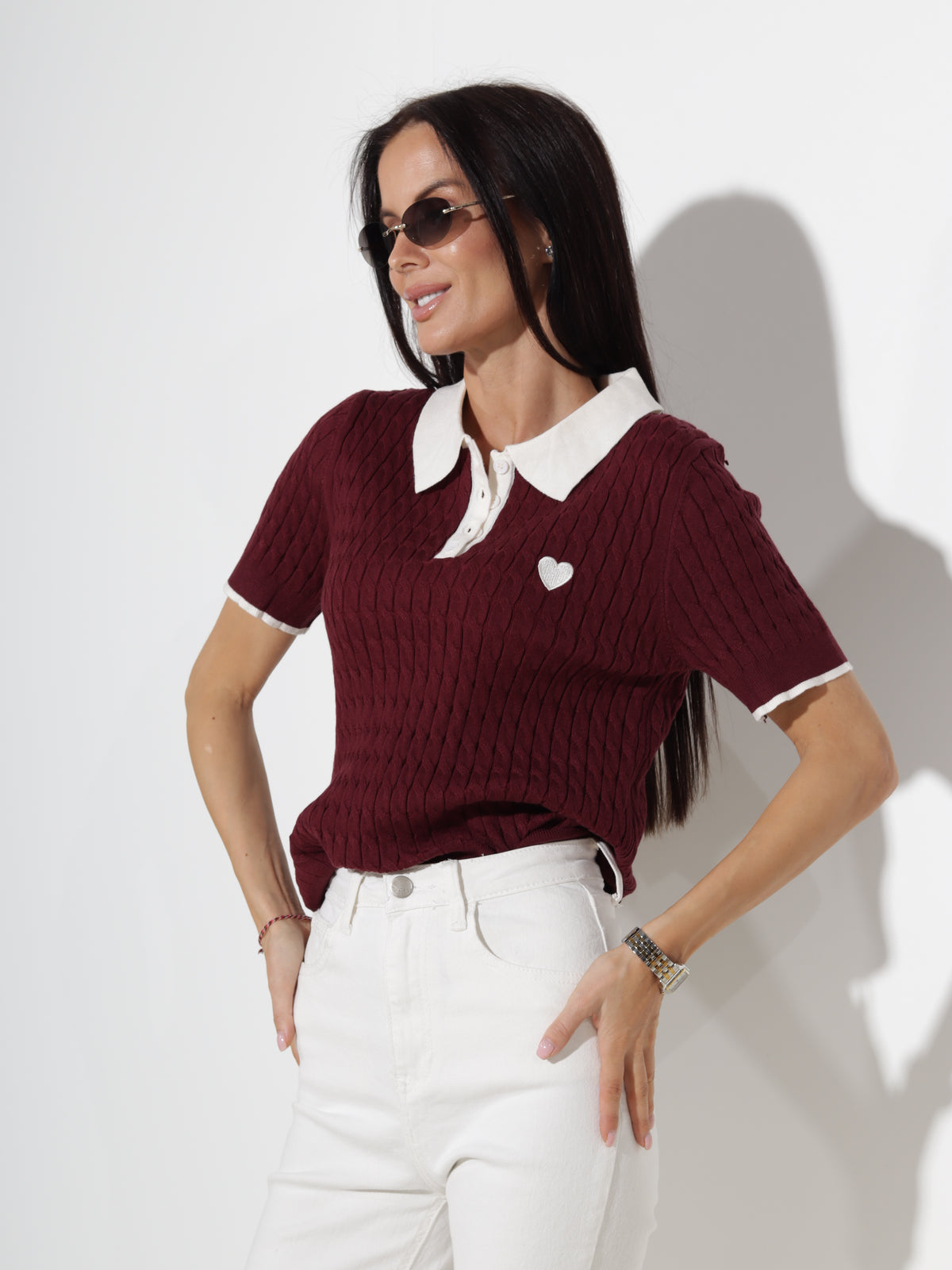 Bordo polo tops 'Sirds pīnītē', balta apkakle - 20446