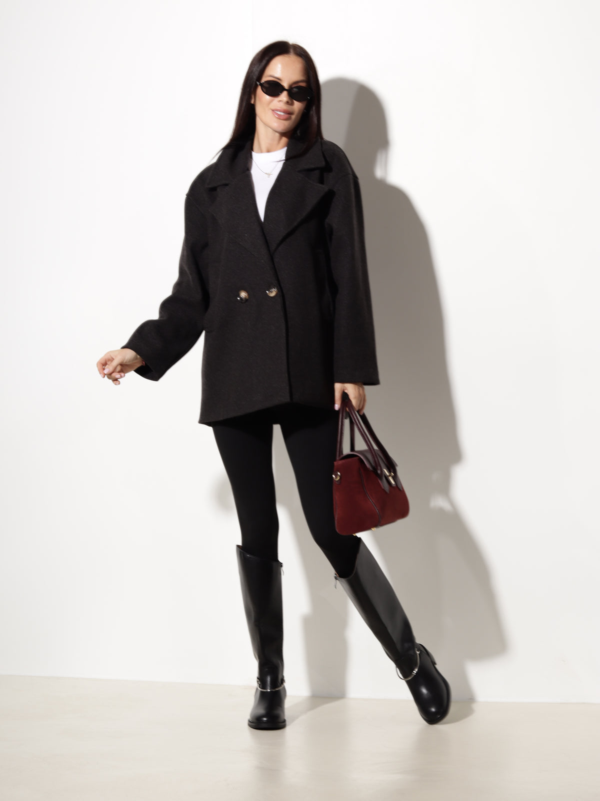 Melna mēteļauduma jaka, īsa oversize - 20798