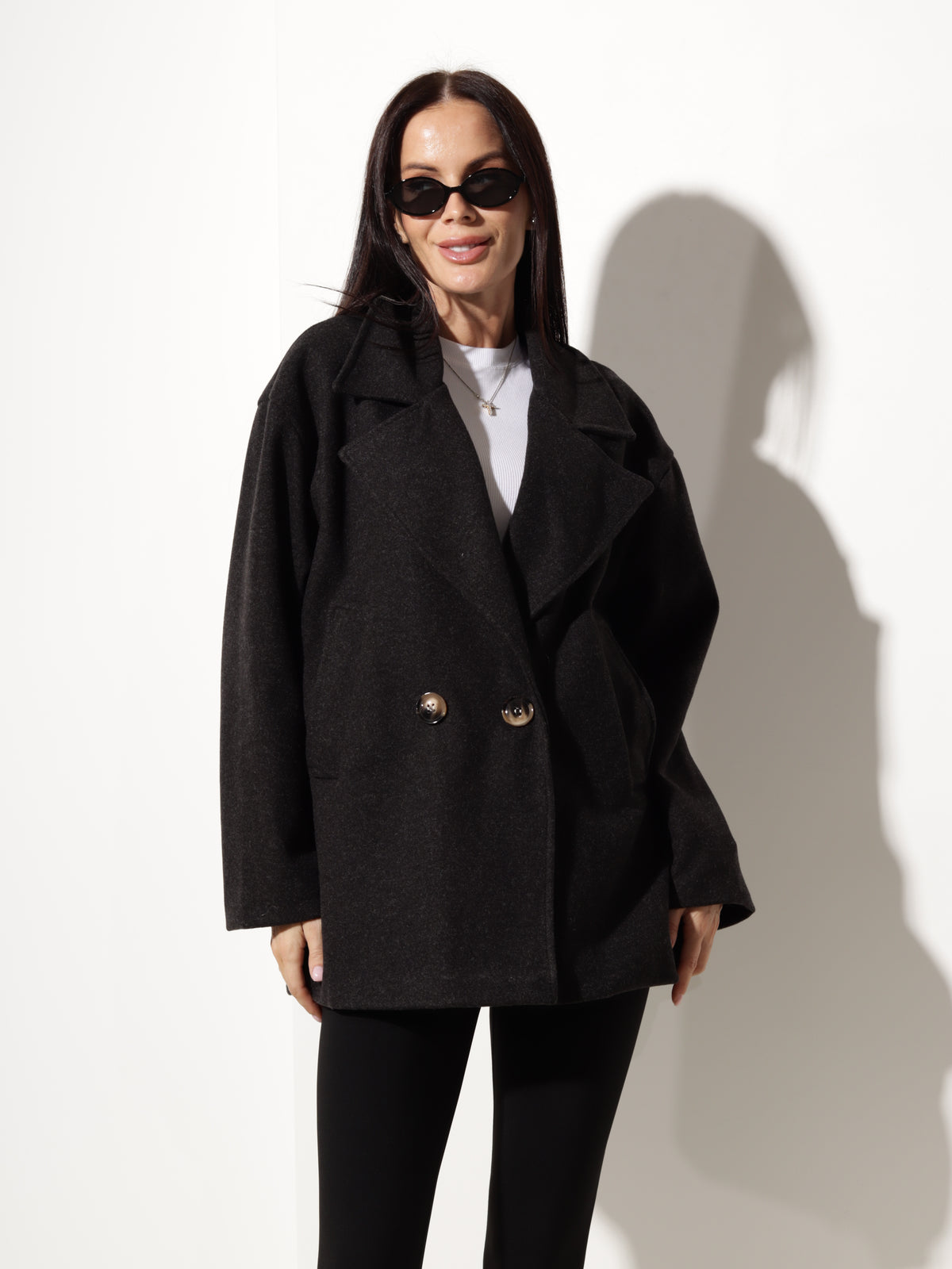 Melna mēteļauduma jaka, īsa oversize - 20798