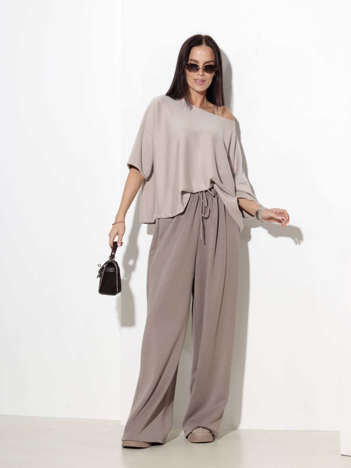 Taupe brīvā stila bikses, viskozes auduma - 21150