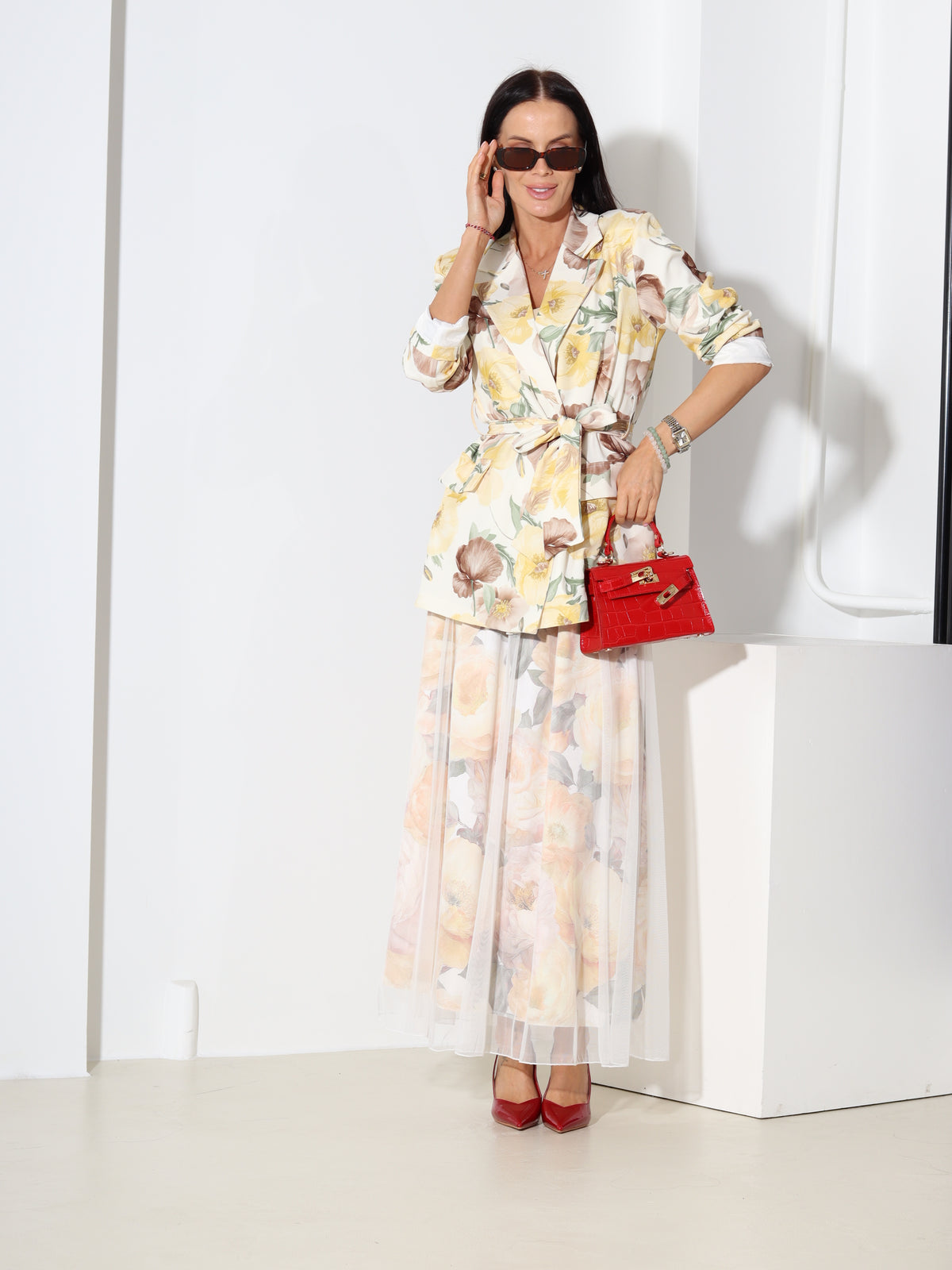 Dzelteni, gari tilla svārki ar ziedu motīva oderi - 18545