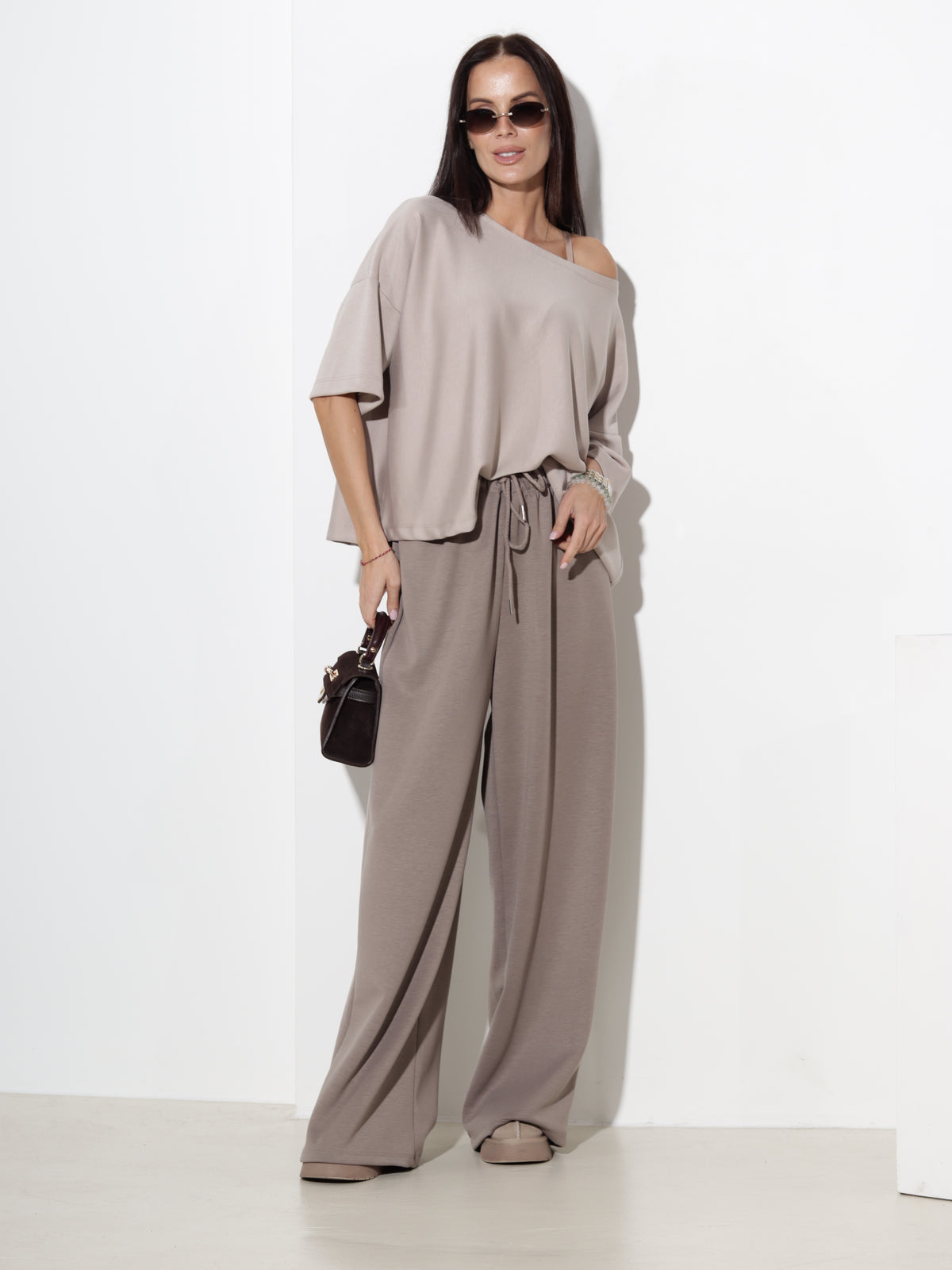 Taupe brīvā stila bikses, viskozes auduma - 21150